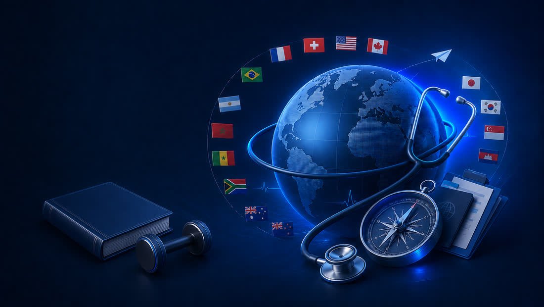 Un globe terrestre entouré de drapeaux, traversé d'un tracé cardiaque, posé près d'un stéthoscope, d'une boussole, d'un livre et d'un haltère.